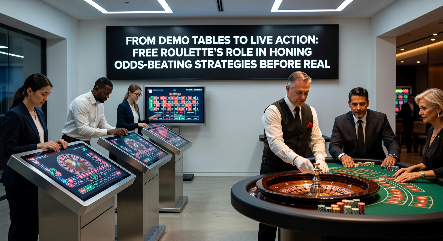 Live roulette dealer die een wiel draait met digitale overlays voor demo-strategieën, symboliserend de overgang van oefen naar echt spel