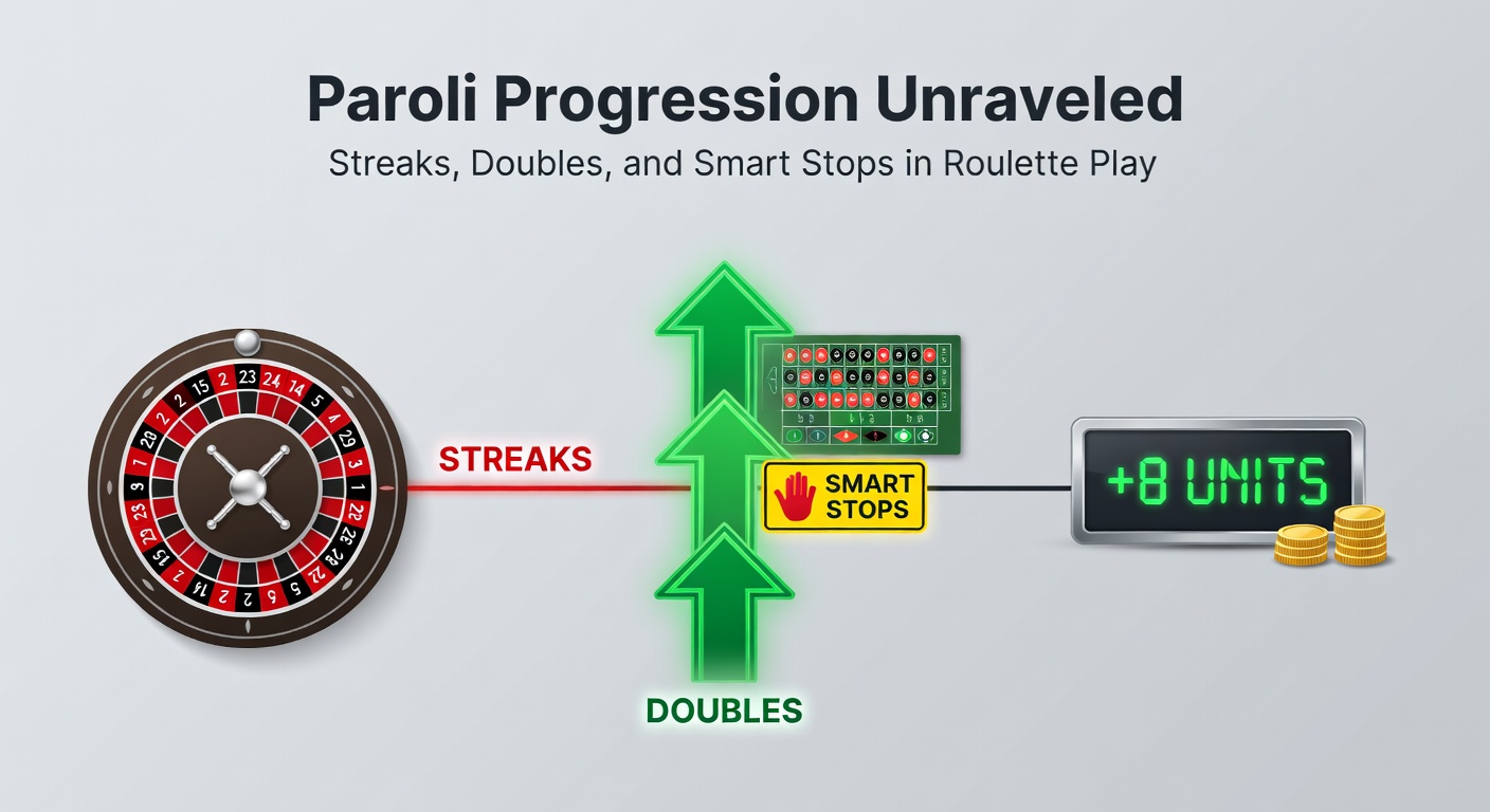 Grafiek van een Paroli betting sequence met verdubbelingen en een stop na drie wins op een roulette tafel